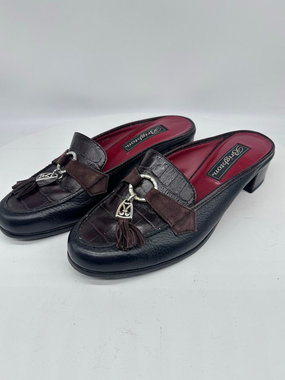 Brighton Avery Brown Crocodile Embossed Leather Mule Silver Hardware Tassel 6.5